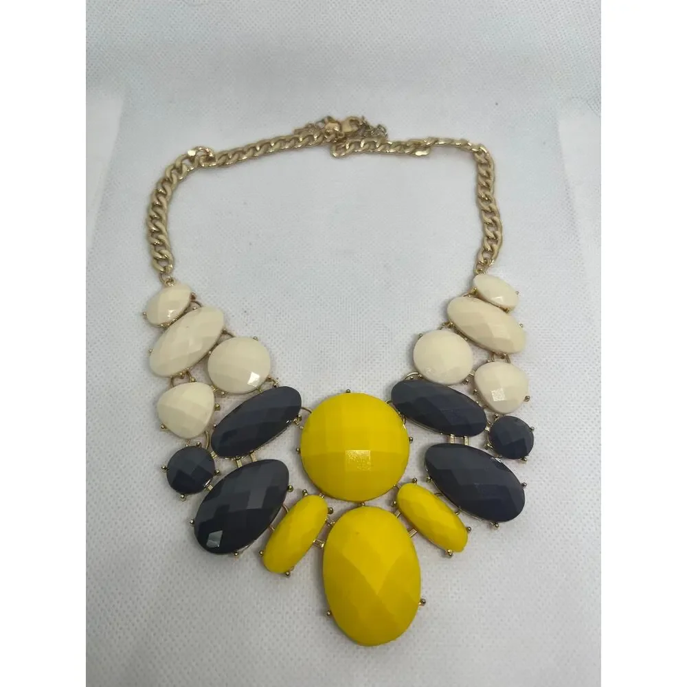 Charming Charlie Yellow Gray & Ivory Statement Bib Necklace Gold Tone